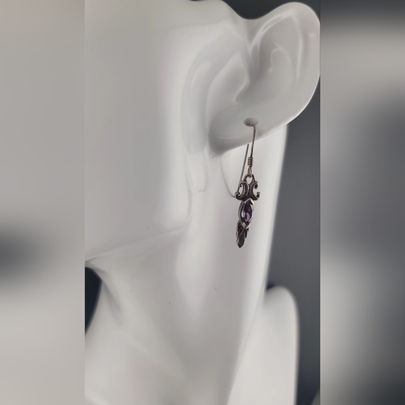 Antique Silver Dangle Earrings Marquise-cut Purple Amethyst Marked - Picture 5 of 17